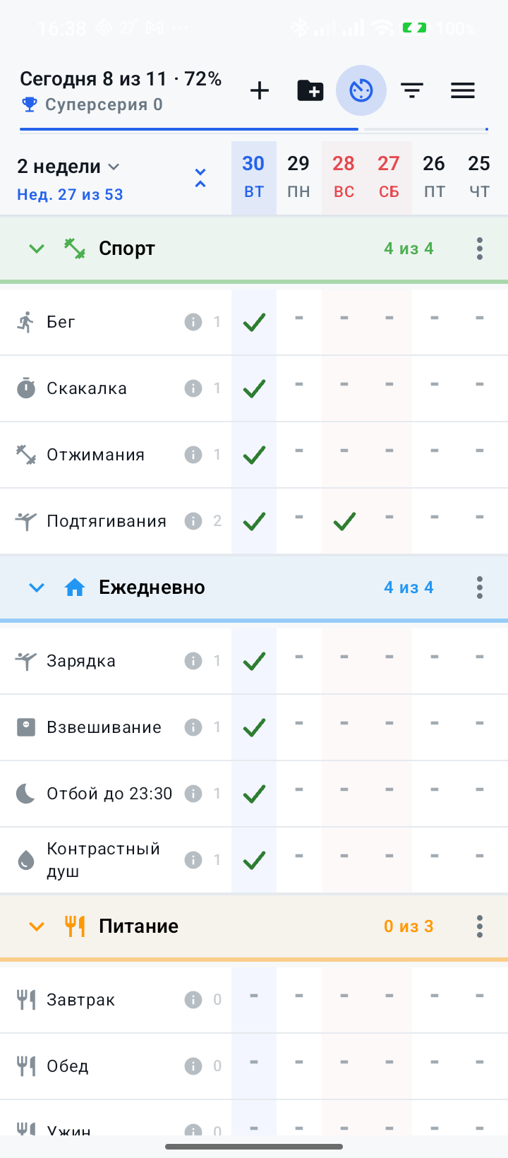 Экран приложения Толк со списком привычек